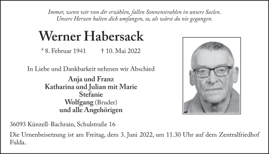 Traueranzeige von Werner Habersack von FZ