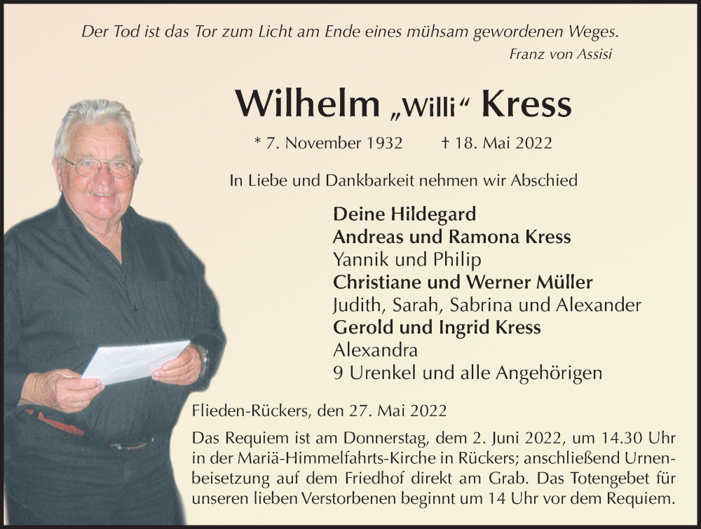  Traueranzeige für Wilhelm Kress vom 27.05.2022 aus FZ