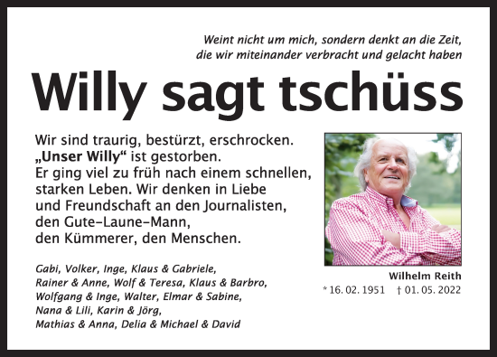 Traueranzeige von Wilhelm Reith von FZ