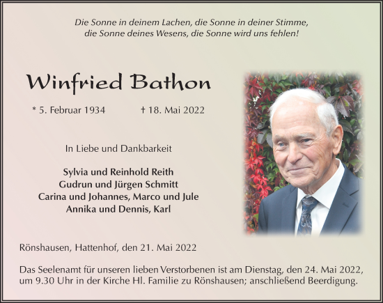Traueranzeige von Winfried Bathon von FZ