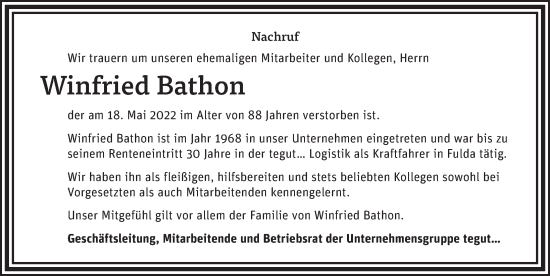 Traueranzeige von Winfried Bathon von FZ