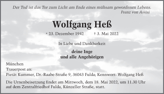 Traueranzeige von Wolfgang Heß von FZ