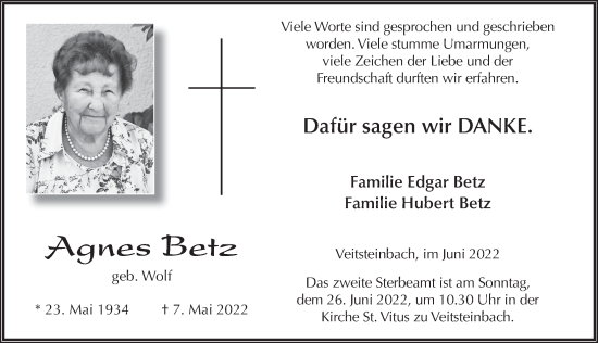 Traueranzeige von Agnes Betz von FZ