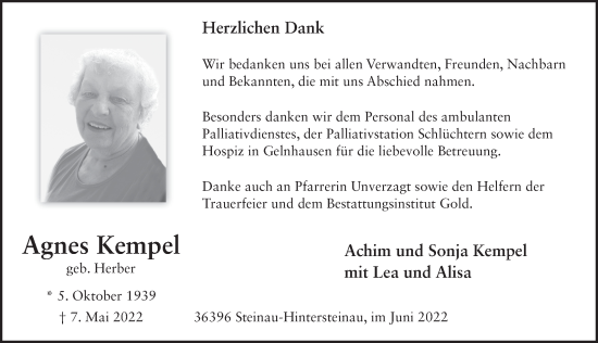 Traueranzeige von Agnes Kempel von FZ