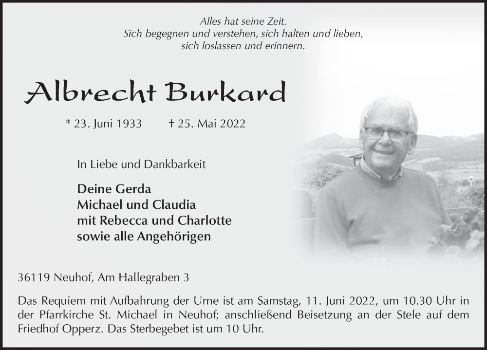  Traueranzeige für Albrecht Burkard vom 08.06.2022 aus FZ