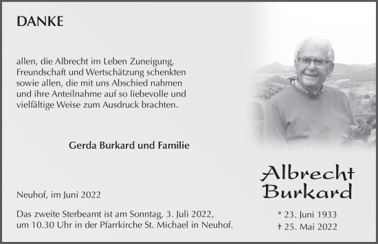 Traueranzeige von Albrecht Burkard von FZ