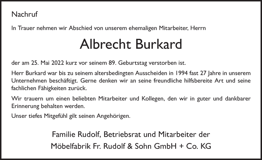  Traueranzeige für Albrecht Burkard vom 08.06.2022 aus FZ