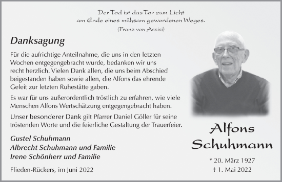 Traueranzeige von Alfons Schuhmann von FZ