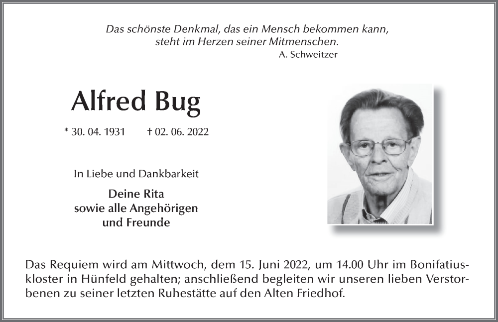  Traueranzeige für Alfred Bug vom 11.06.2022 aus FZ