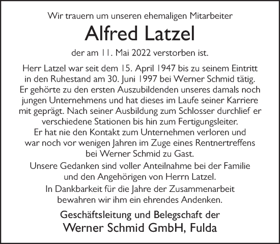Traueranzeige von Alfred Latzel von FZ