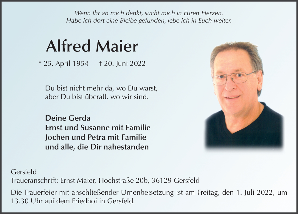  Traueranzeige für Alfred Maier vom 28.06.2022 aus FZ