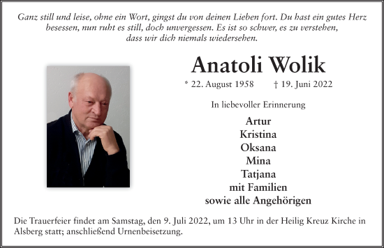 Traueranzeige von Anatoli Wolik von FZ