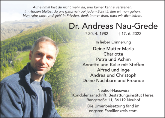 Traueranzeige von Andreas Nau-Grede von FZ