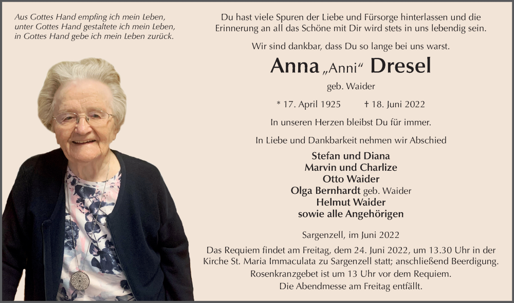  Traueranzeige für Anna Dresel vom 22.06.2022 aus FZ