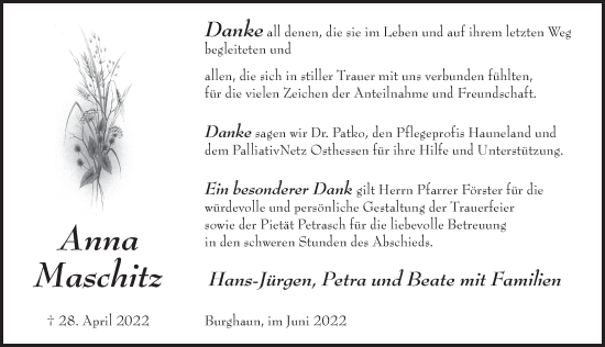 Traueranzeige von Anna Maschitz von FZ