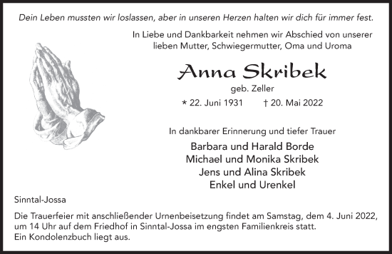 Traueranzeige von Anna Skribek von FZ