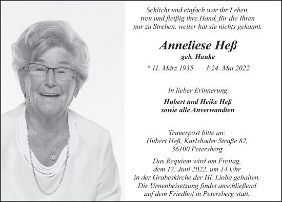 Traueranzeige von Anneliese Heß von FZ