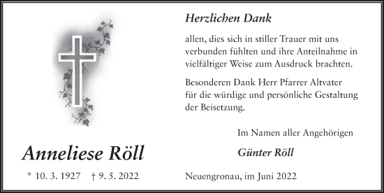 Traueranzeige von Anneliese Röll von FZ