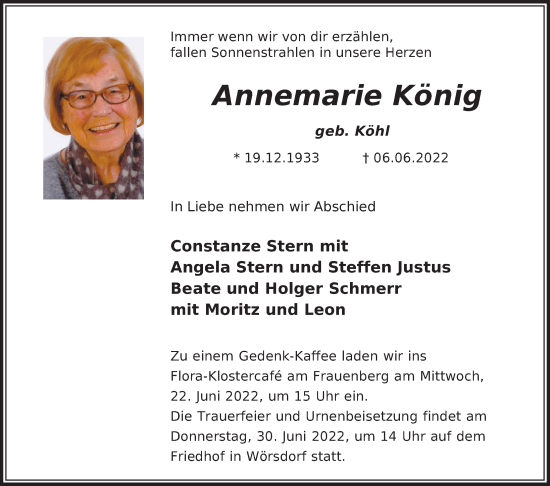 Traueranzeige von Annemarie König von FZ