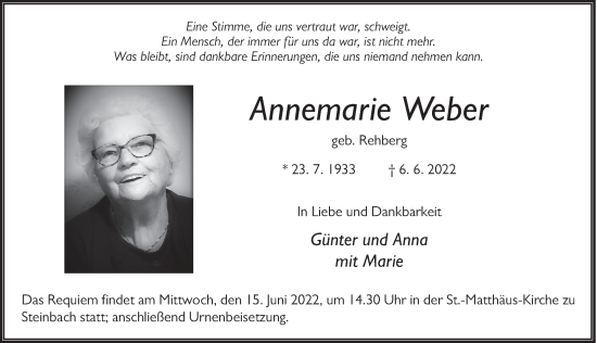 Traueranzeige von Annemarie Weber von FZ