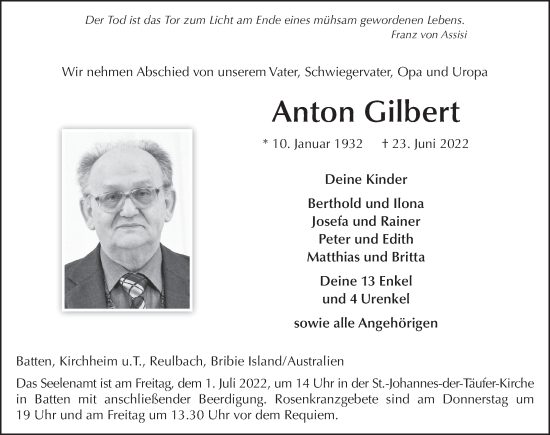 Traueranzeige von Anton Gilbert von FZ