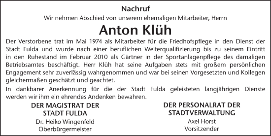 Traueranzeige von Anton Klüh von FZ