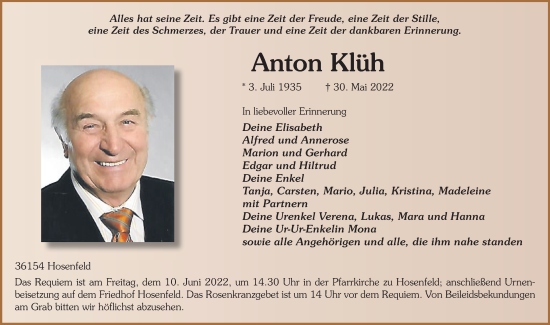 Traueranzeige von Anton Klüh von FZ