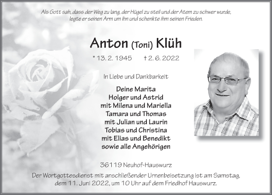 Traueranzeige von Anton Klüh von FZ