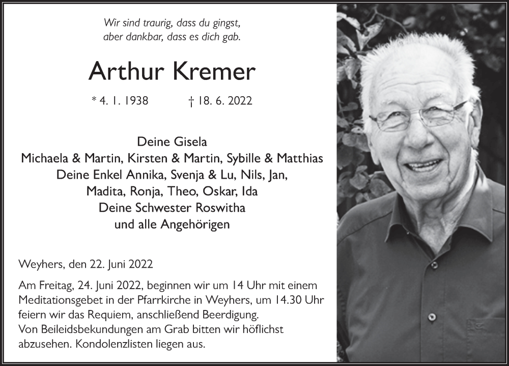  Traueranzeige für Arthur Kremer vom 22.06.2022 aus FZ