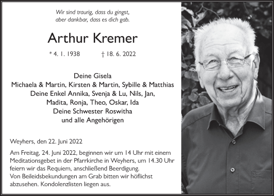 Traueranzeige von Arthur Kremer von FZ