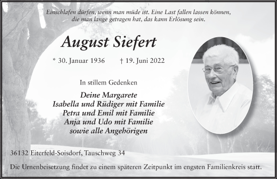 Traueranzeige von August Siefert von FZ