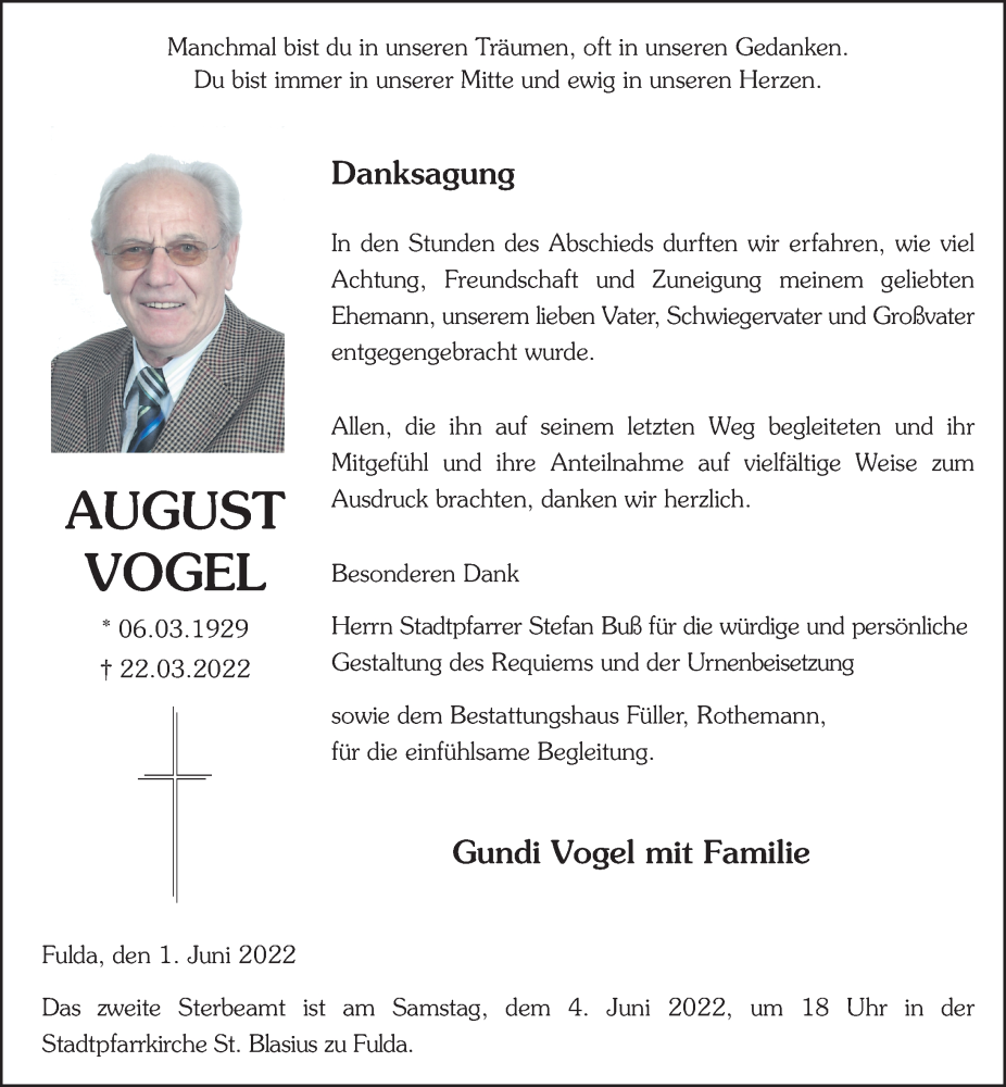  Traueranzeige für August Vogel vom 01.06.2022 aus FZ