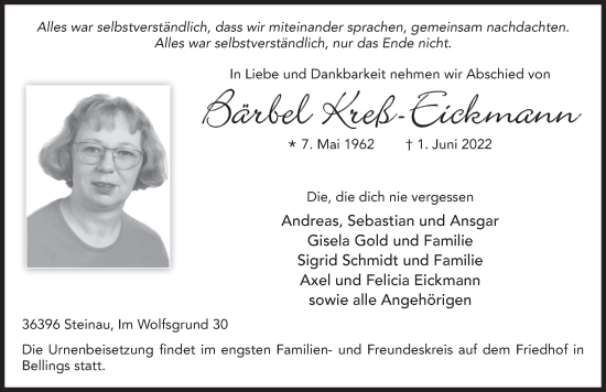 Traueranzeige von Bärbel Kreß-Eickmann von FZ