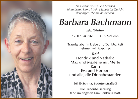 Traueranzeige von Barbara Bachmann von FZ