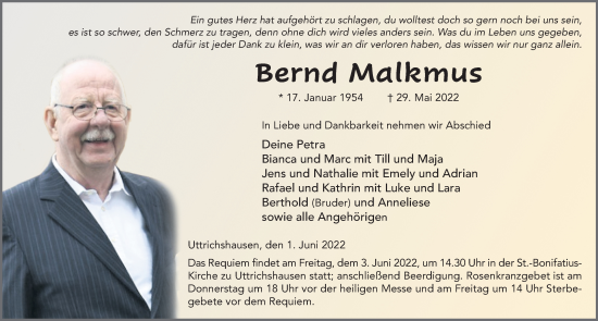 Traueranzeige von Bernd Malkmus von FZ