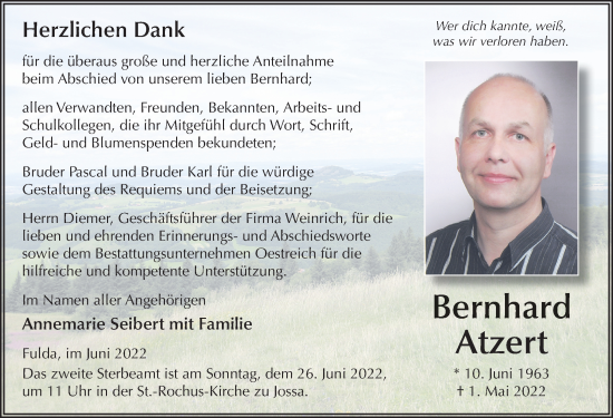 Traueranzeige von Bernhard Atzert von FZ