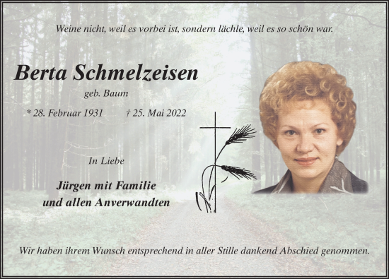 Traueranzeige von Berta Schmelzeisen von FZ
