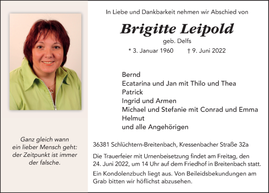 Traueranzeige von Brigitte Leipold von FZ