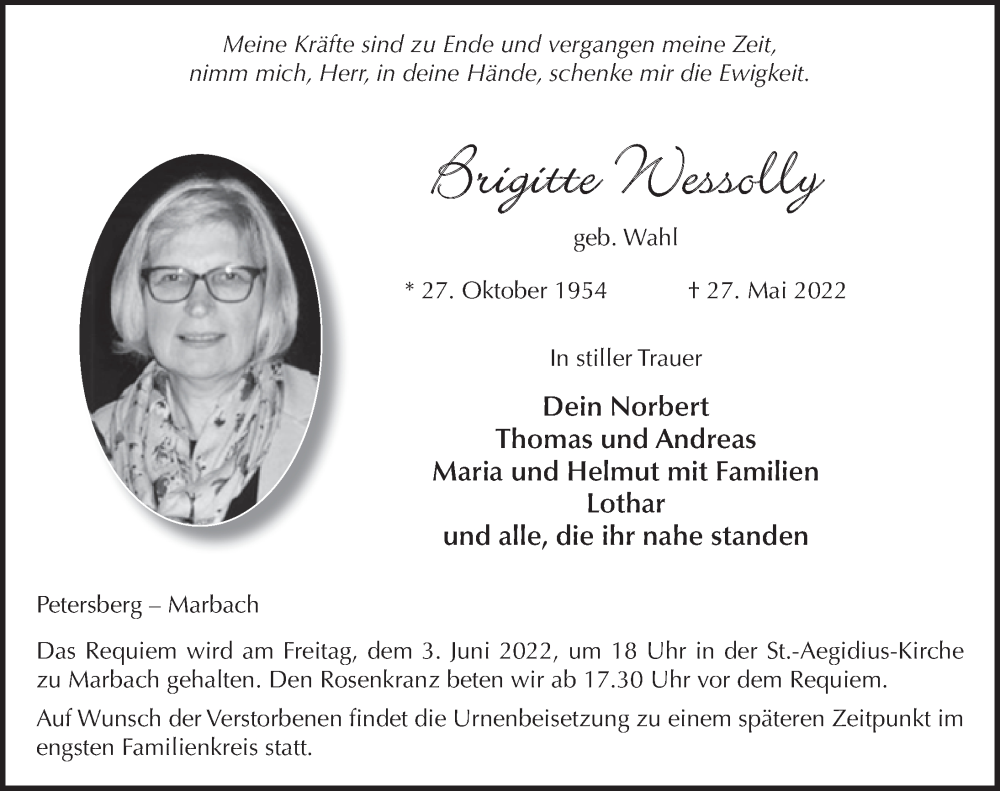  Traueranzeige für Brigitte Wessolly vom 01.06.2022 aus FZ