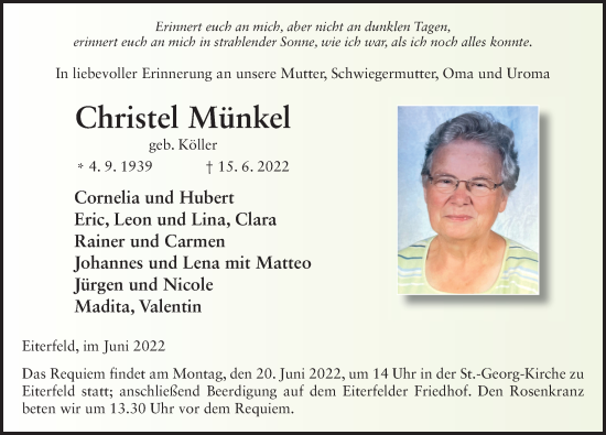 Traueranzeige von Christel Münkel von FZ