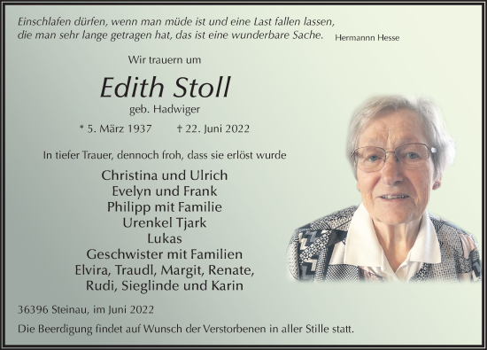 Traueranzeige von Edith Stoll von FZ