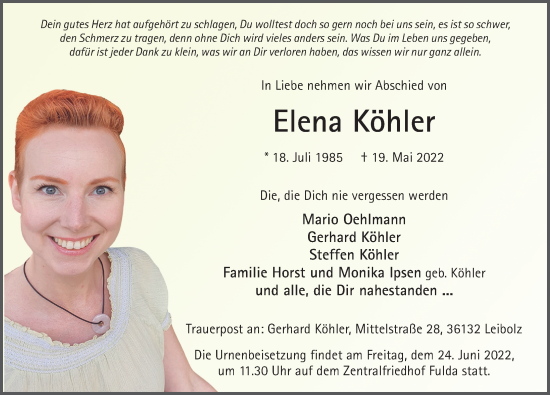 Traueranzeige von Elena Köhler von FZ