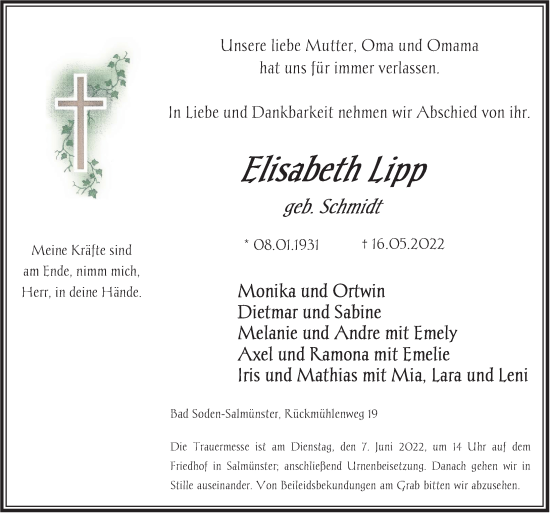 Traueranzeige von Elisabeth Lipp von FZ