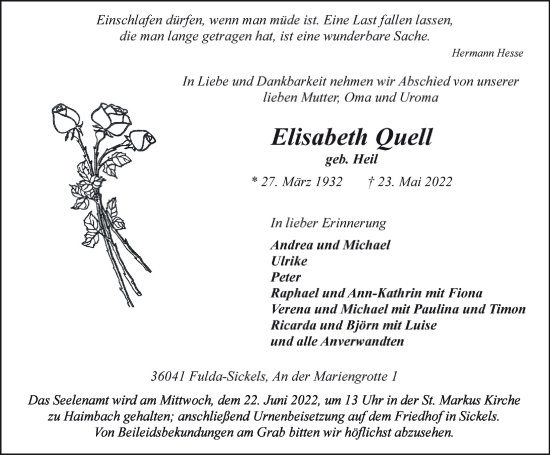 Traueranzeige von Elisabeth Quell von FZ