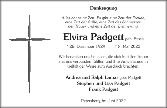 Traueranzeige von Elvira Padgett von FZ