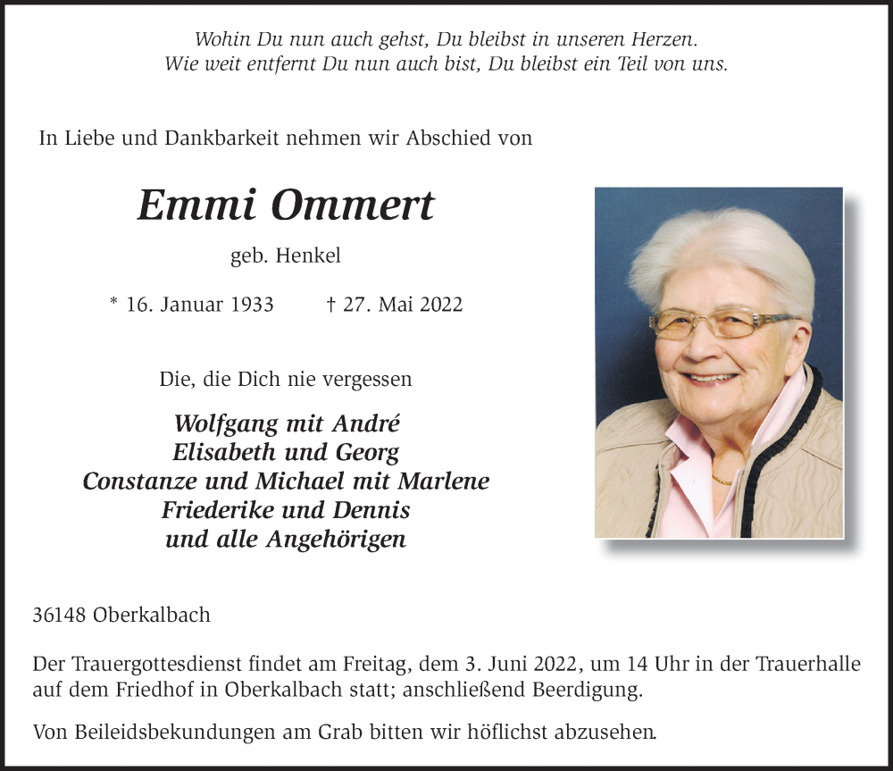  Traueranzeige für Emmi Ommert vom 01.06.2022 aus FZ