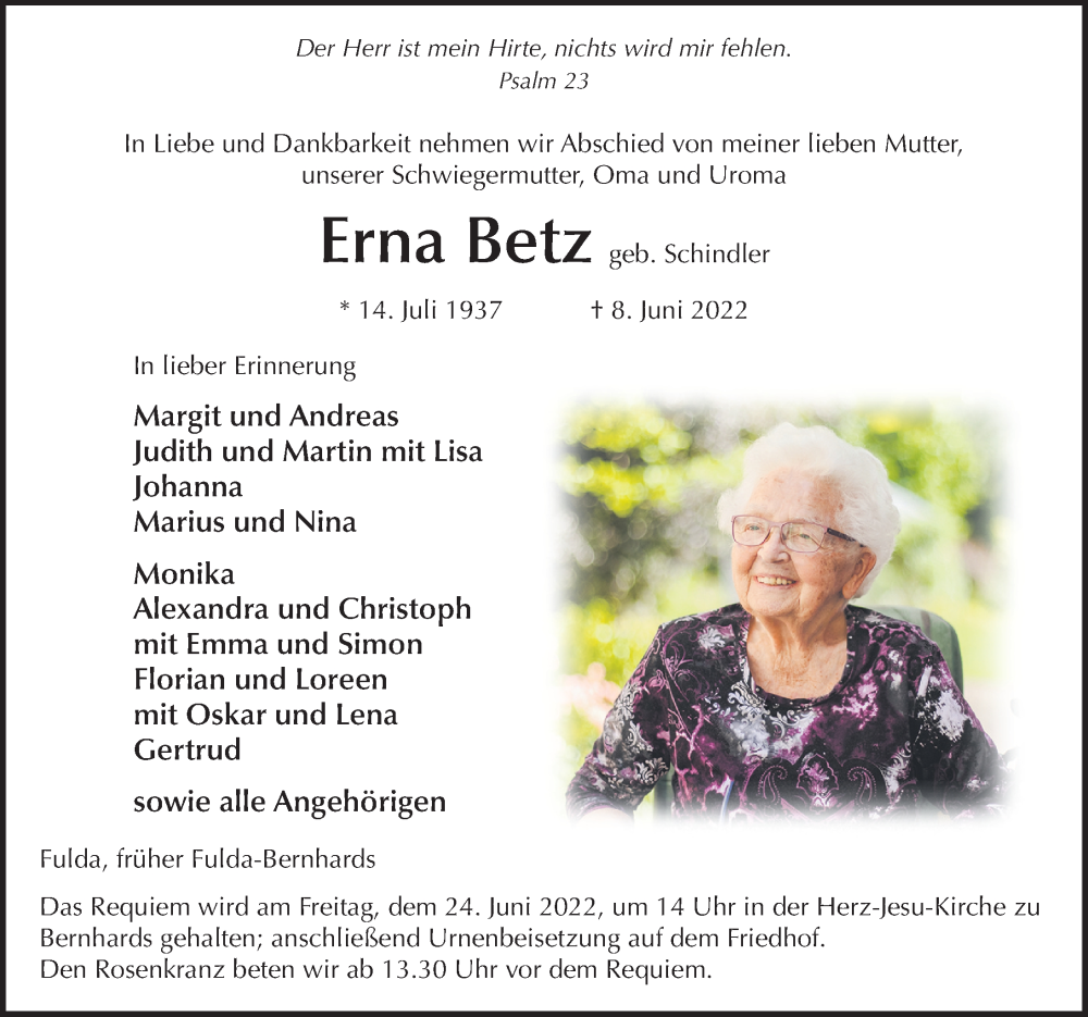  Traueranzeige für Erna Betz vom 21.06.2022 aus FZ