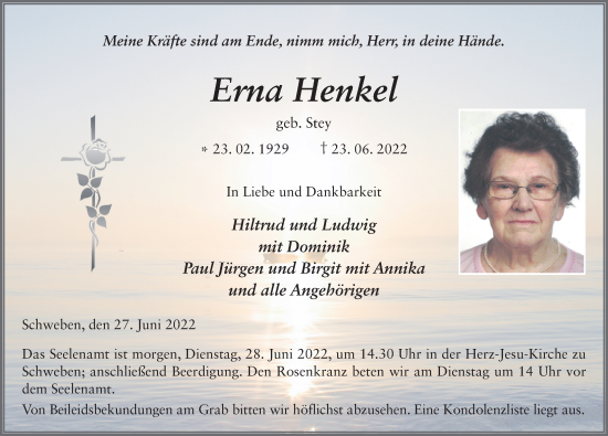 Traueranzeige von Erna Henkel von FZ