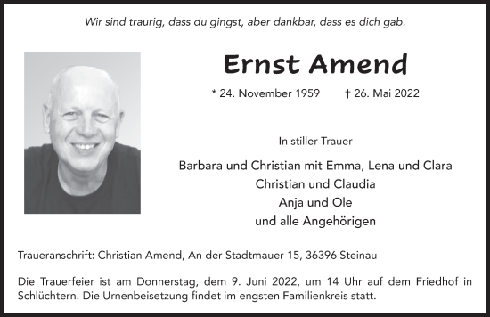 Traueranzeige von Ernst Amend von FZ