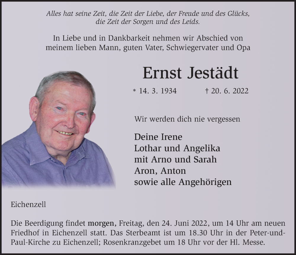  Traueranzeige für Ernst Jestädt vom 23.06.2022 aus FZ